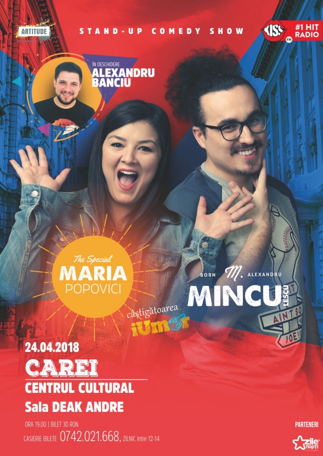 Stand-up comedy cu Maria Popovici, Mincu și Alexandru Banciu Stand-up comedy cu Maria Popovici, Mincu și Alexandru Banciu